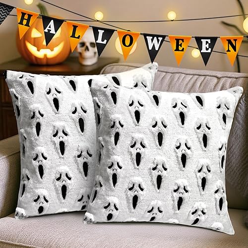 Halloween Scream Ghost Pillow Covers Set of 2, 18x18 Decorative Ghost Throw Pillowcases Soft Plush Faux Wool Cushions for Home Patio Sofa Couch (Ghost White)