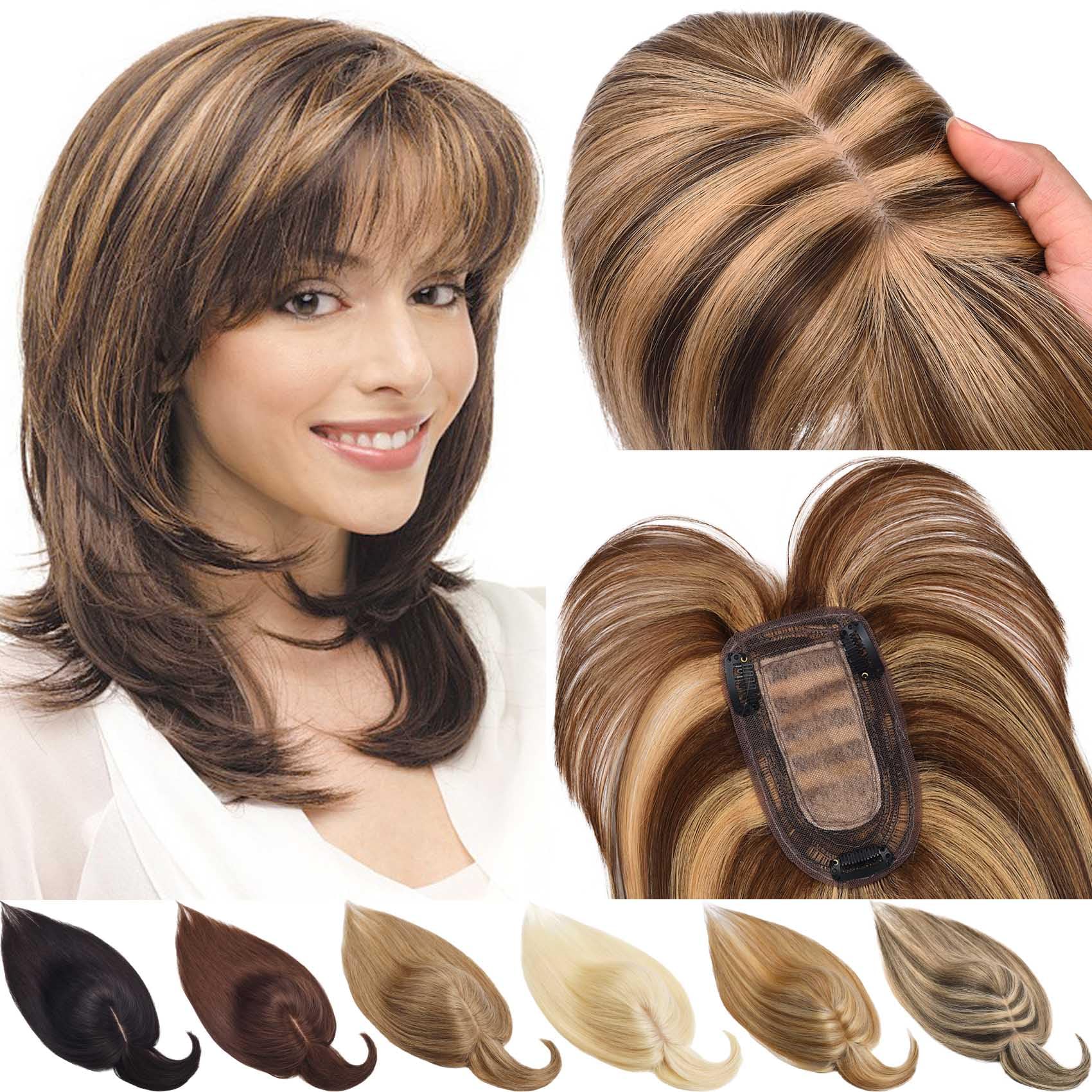 Clip-In Real Human Hair Topper – 100% Remy, Ombre Shades, Side Part, Silk Base (SEGO), 6-16 Inch