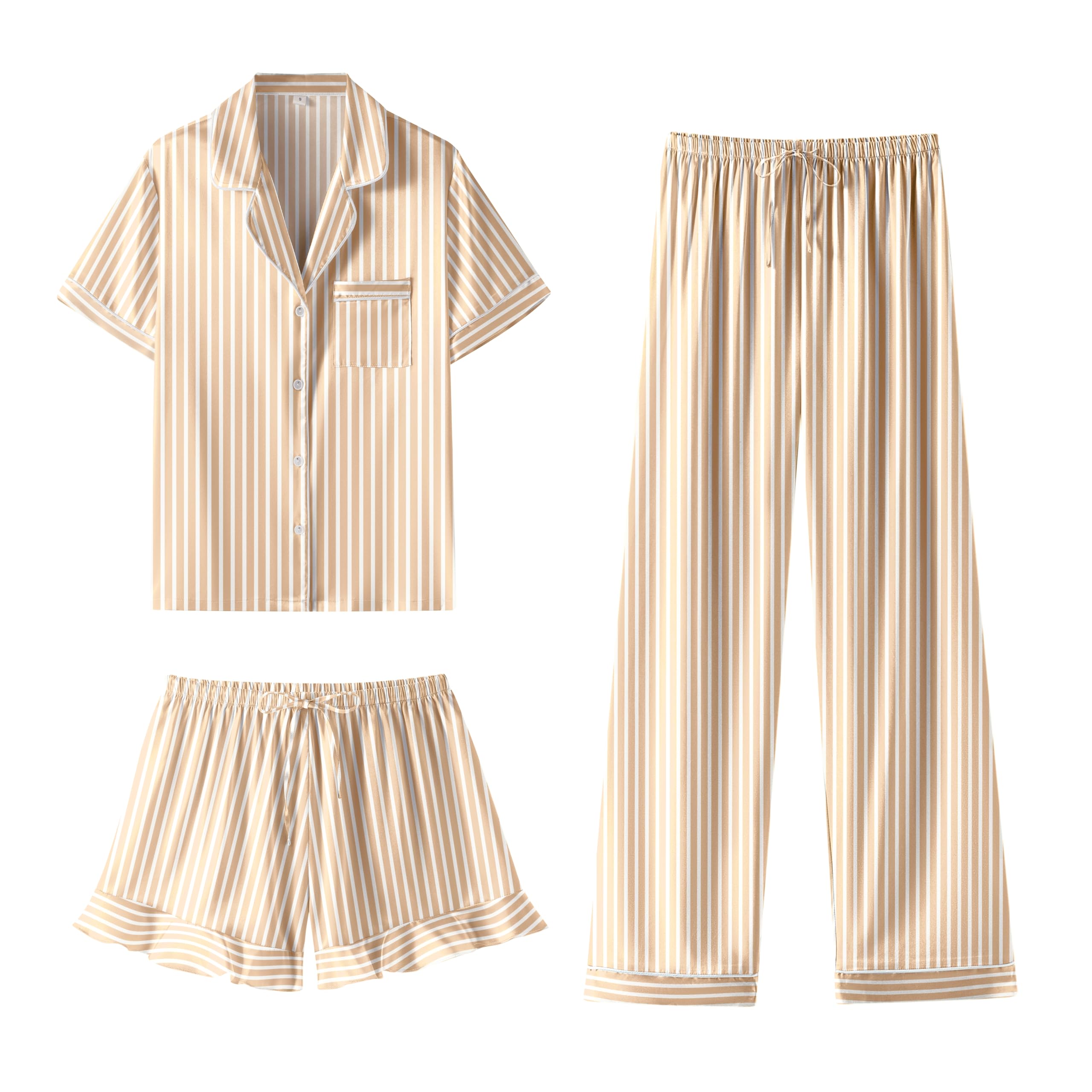Women's Pajama Set - Short Sleeve Top & Shorts With Pockets, V-Neck Button Down Sleepwear, Leopard Tan - View #2