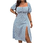 Floerns Women's Plus Size Floral Slit A Line Midi Dress Tie Front Square Neck Puff Sleeve Dresses