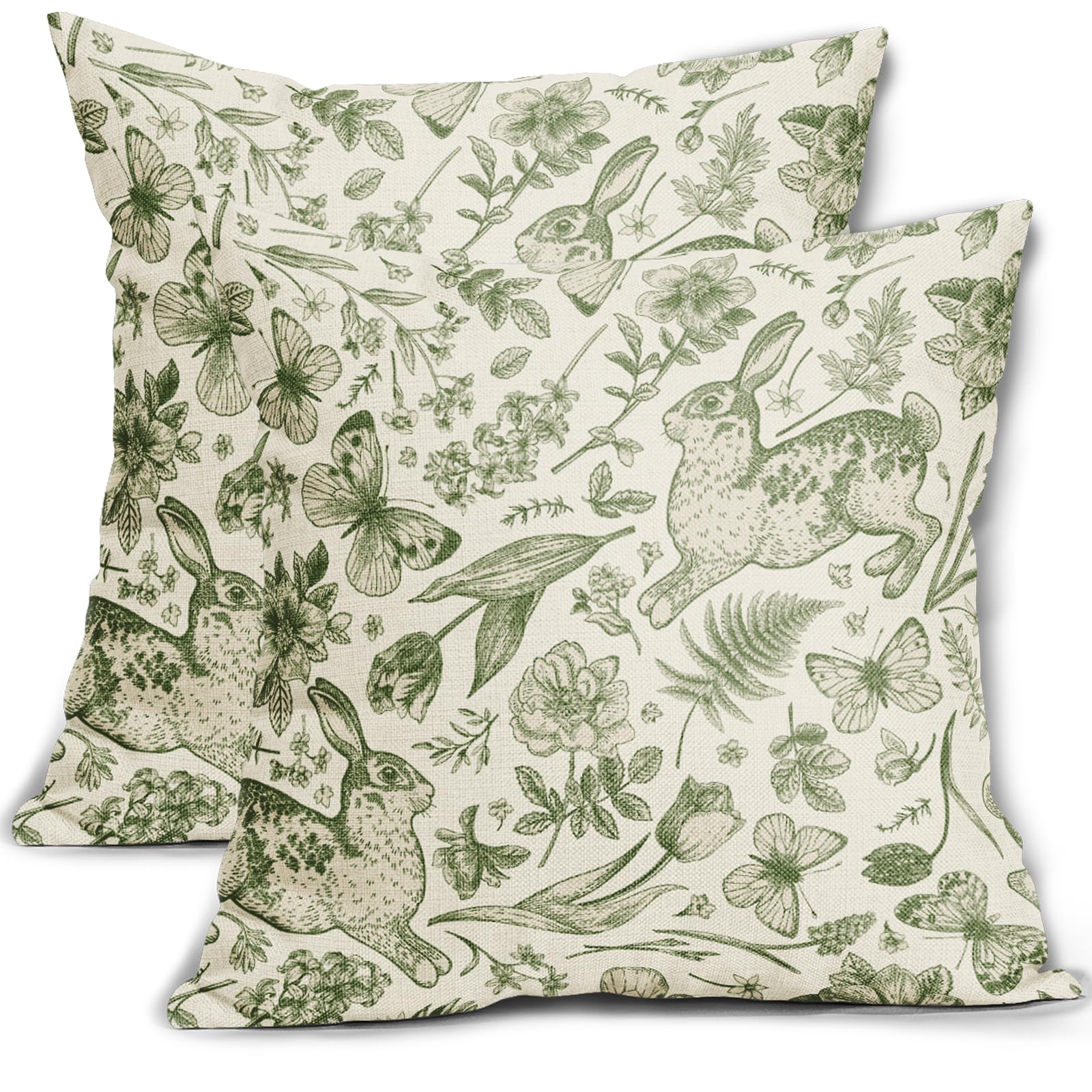 Photo 1 of Cozywisper Spring Green Pillow Covers 18x18 Inch Set of 2 Rabbit Bunny Floral Leaf Butterfly Botanical Plants Print Decorative Throw Pillows Easter Seasonal Pillow Cases Couch Bed Sofa Decor
