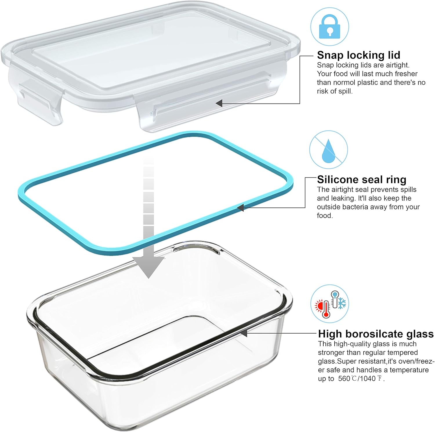 AILTEC Glass Food Storage Containers with Lids, 18 Piece Meal Prep Set, BPA Free & Leak Proof, Clear - Image 5