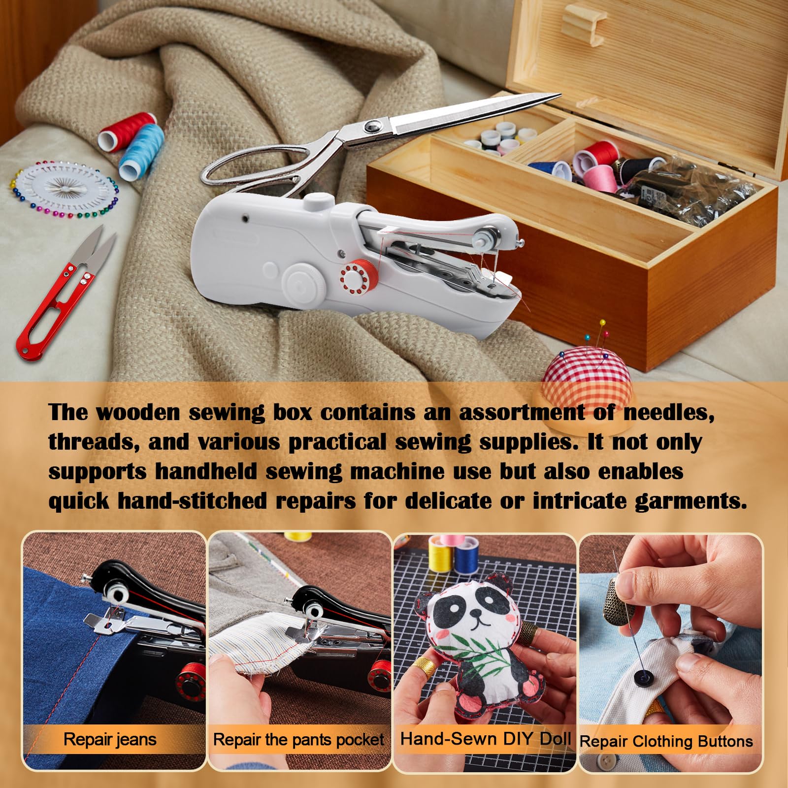 Handheld Sewing Machine with Exquisite Wooden Storage Box & 142-Piece Sewing Kit - Electric Switch, Dual Power Supply, Assorted Needles, Threads, Heavy Duty Scissors - Meets All Household Sewing Needs