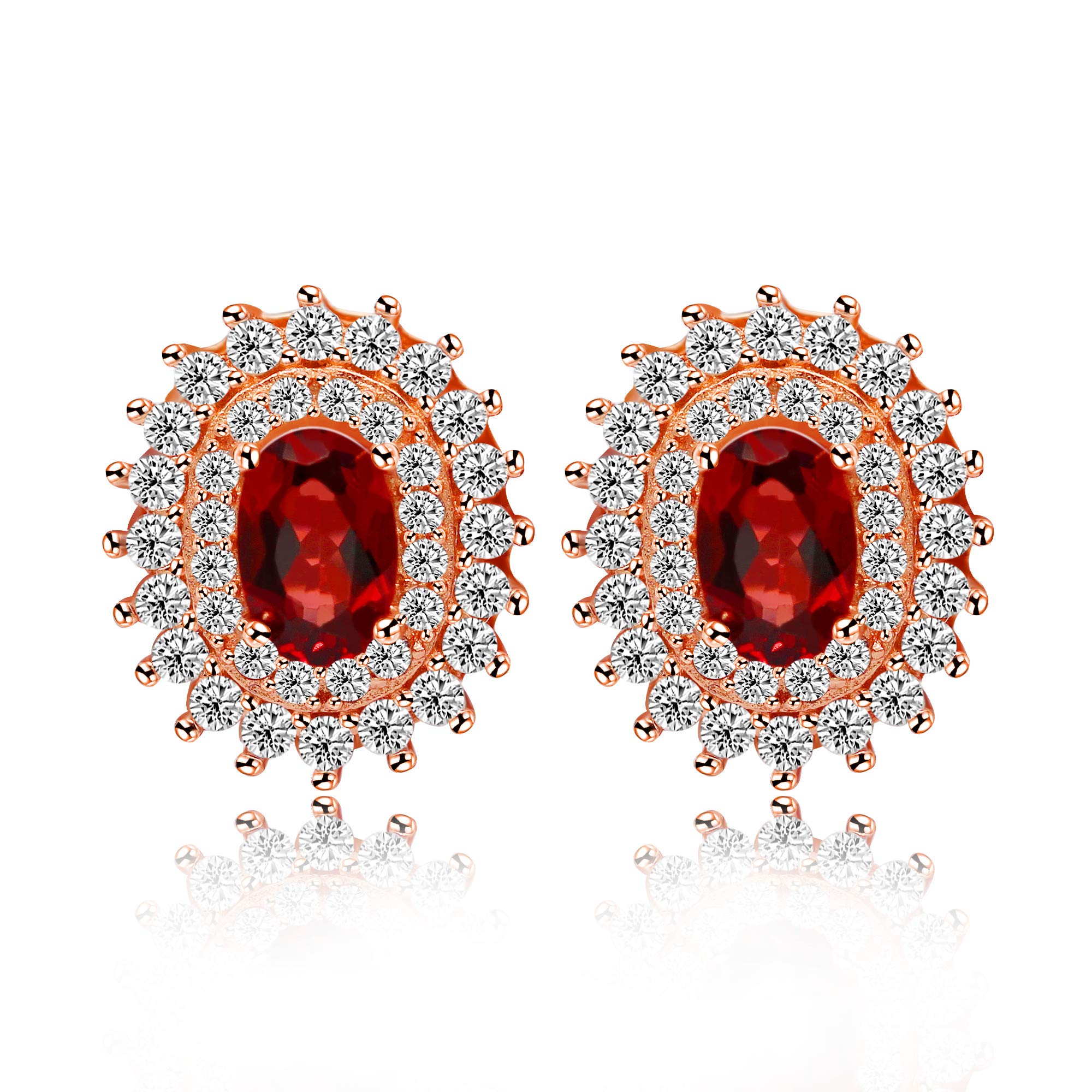 Uloveido Rose Gold Plated 925 Sterling Silver Oval Red Garnet Stone Studs Earrings for Women, January Birthstone Wedding Birthday Earrings Studs for Girls with Velvet Box FR051