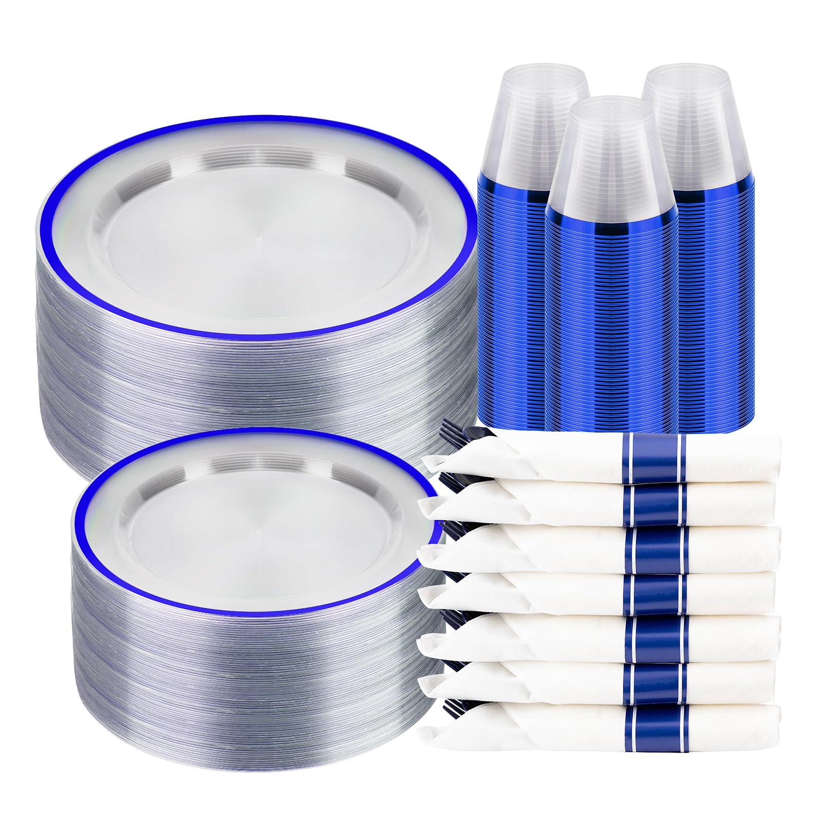 Photo 1 of BESTSTAR 350PCS Clear and Blue Disposable Plates Set for 50 Guests, 100 Plastic Plates, 50 Cups, 50 Pre-Rolled Napkins with Plastic Cutlery