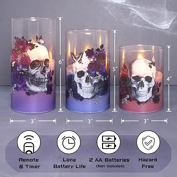 CAFEMOON HALLOWEEN DECOR FLAMELESS CANDLES BATTERY OPERATED LED PILLAR CANDLES WITH REMOTE TIMER, SET OF 3 SKULL ROSE BUTTERFLY DECALS SPOOKY THEMED CANDLES FOR INDOOR HALLOWEEN DECORATIONS