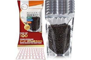 BELLE KR® 5x8 Mylar Bags with Window Stand Up - Pack Of 100, 7.5mil Thick - Clear Front Pint Mylar Bags for Food Storage and Freeze Dried Candy - Bonus Labels Included