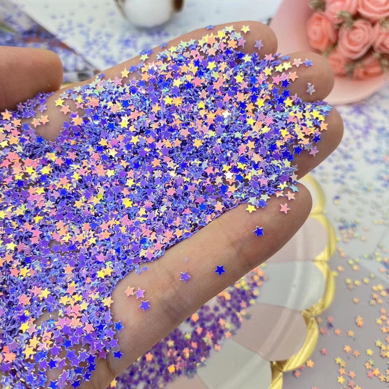 Photo 1 of 12000 Pieces 3mm Holographic Star Party Glitter PVC Confetti for Arts & Crafts Wedding Bridal Shower Birthday Valentines Party Decorations (Holographic Purple)