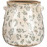 Ninehaoou Ceramic Scroll Planter 6.5 Inch, Leaves | Chinoiserie Floral Vase with Drainage Holes Vintage Flower Pot Rustic Pots for Indoor Plants Garden Home Bookshelf Decor