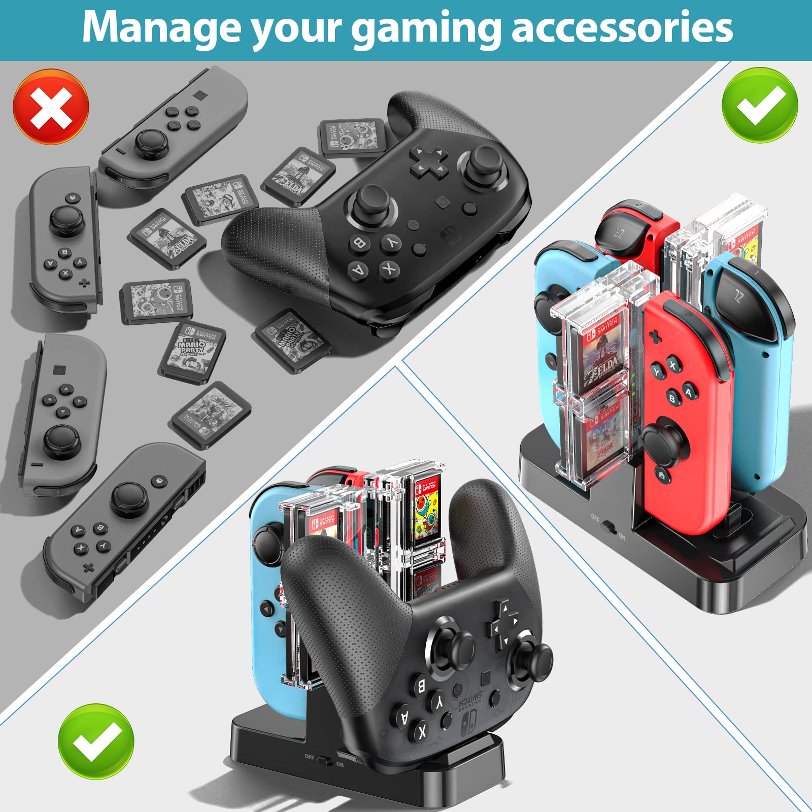 Joy-Con Charging Stand, 4 Simultaneous Charging, OIVO Joycon Charger, Includes Charging Instruction LED, 8 Game Disc Storage, USB-C Charging Cable Included
