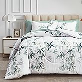 7 Pieces Bed in a Bag Queen Comforter Set with Sheets, Green Leaves on White Botanical Design Bedding Sets for All Season (1 Comforter, 2 Pillow Shams, 1 Flat Sheet, 1 Fitted Sheet, 2 Pillowcases)