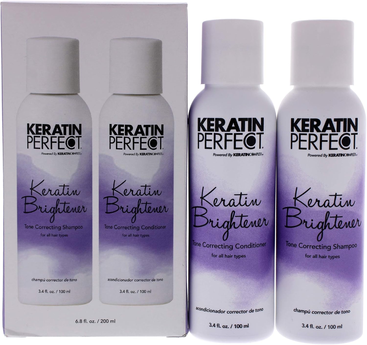 Keratin Perfect - Keratin Brightener Duo - Tone Correcting Shampoo and Conditioner - For All Hair Types - Promotes Smooth and Moisturized Hair - Contains Avocado and Lavender Oil - 3.4 oz / 100 ml x 2