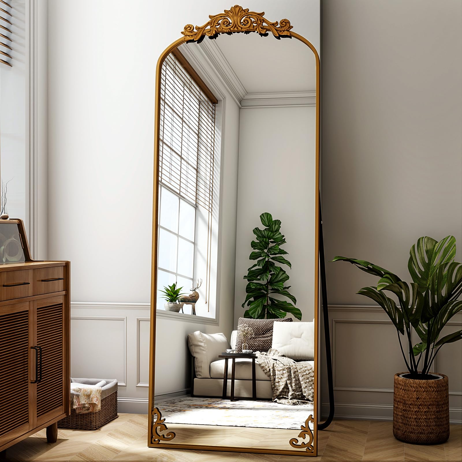 Photo 1 of 21"x 64" Arched Full Length Mirror, Freestanding Floor Mirror with Carved Metal Frame & Bottom Art Carved, Bronze Full Body Mirror for HomeDecor, Halling Wall Mirror with Vintage Ornate Carved Accents