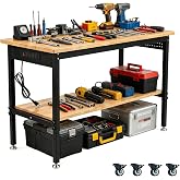 60 Inch Adjustable Height Workbench Garage Work Bench with Storage | Supports up to 2500 LBS Rolling Worktable with Power Outlet,Pegboard and Under Table Shelf for Workshop