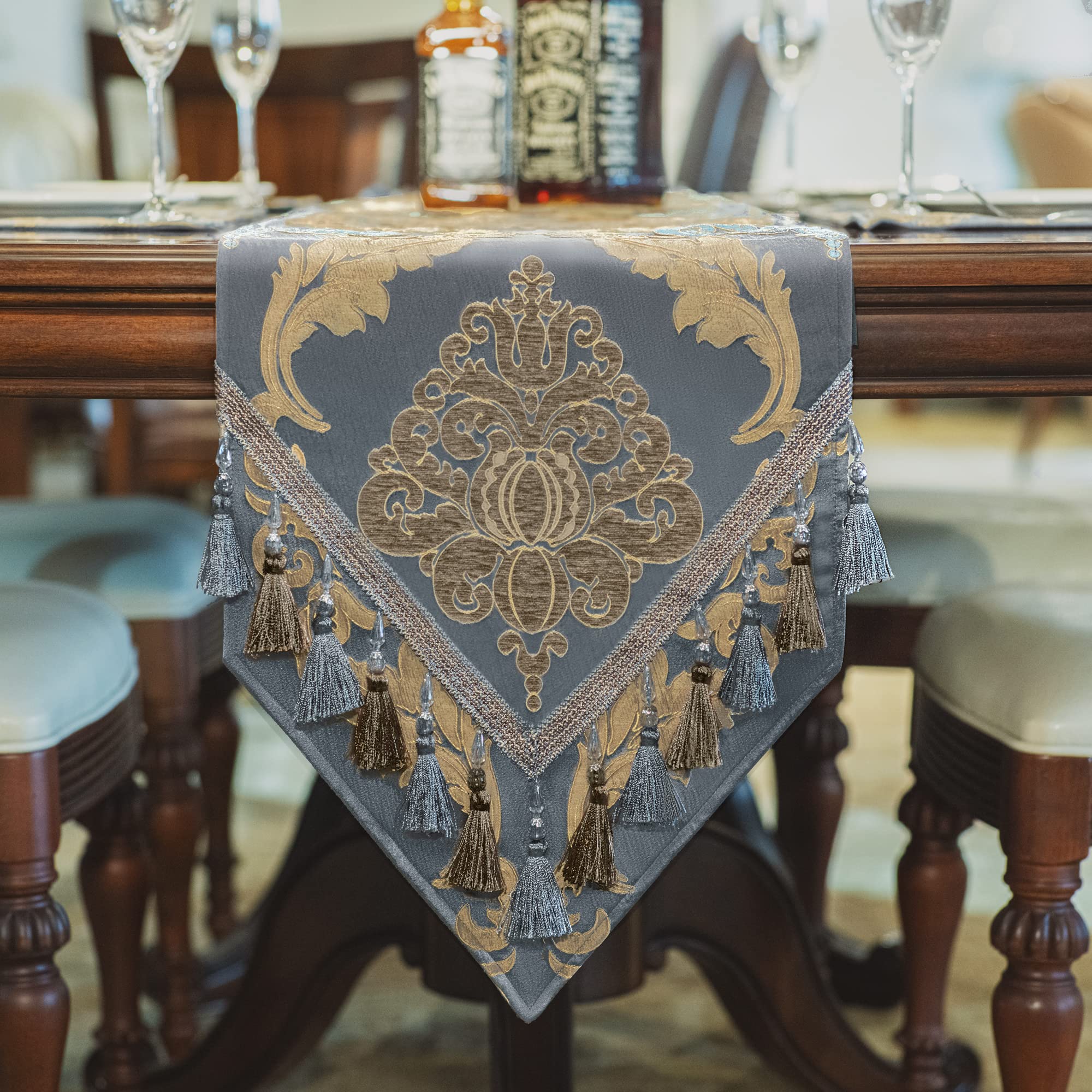 TOPLUXE Table Runner with Tassels, Luxury Table Runner for Dining Room/Restaurant/Banquet/Festival Decoration (33x228cm, Grey Blue)