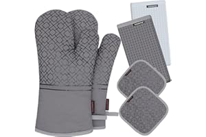 SHAWNTOO Oven Mitts and Pot Holders Set 6pcs, Kitchen Oven Glove,High Heat Resistant 550 Degree Extra Long Oven Mitts and Potholder with Non-Slip Silicone Surface for Cooking Baking Grilling…