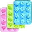 homEdge Food Grade Silicone Flowers Molds, Baking Pan with Flowers and Heart Shape Non-Stick 3-Pack Silicone Molds for Chocolate, Candy, Jelly, Ice Cube, Muffin (Pink, Blue and Green)