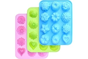 homEdge Food Grade Silicone Flowers Molds, Baking Pan with Flowers and Heart Shape Non-Stick 3-Pack Silicone Molds for Chocolate, Candy, Jelly, Ice Cube, Muffin (Pink, Blue and Green)