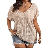 OYOANGLE Women's Plus Size Short Sleeve Blouse Boho Crochet Lace V Neck Summer Tee Tops