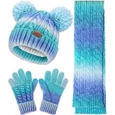 Kids Winter Hat Scarf Gloves Set, Toddler Girl Boy 8% Wool Fleece Lined Pom Beanie Knit Neck Mittens Children Christmas Gifts