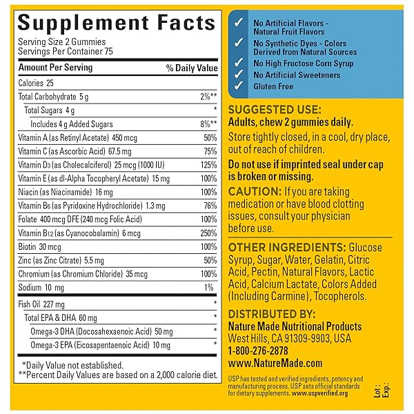NATURE MADE MULTIVITAMIN FOR HIM WITH OMEGA-3, MENS MULTIVITAMINS FOR DAILY NUTRITIONAL SUPPORT, MULTIVITAMIN FOR MEN, 150 GUMMY VITAMINS AND MINERALS, 75 DAY SUPPLY
