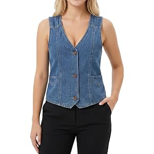 Sinrella Womens Denim Vest, V-Neck Sleeveless Jean Vest Top, Button Down | Light wash 2 side pockets Soft lightweight denim,