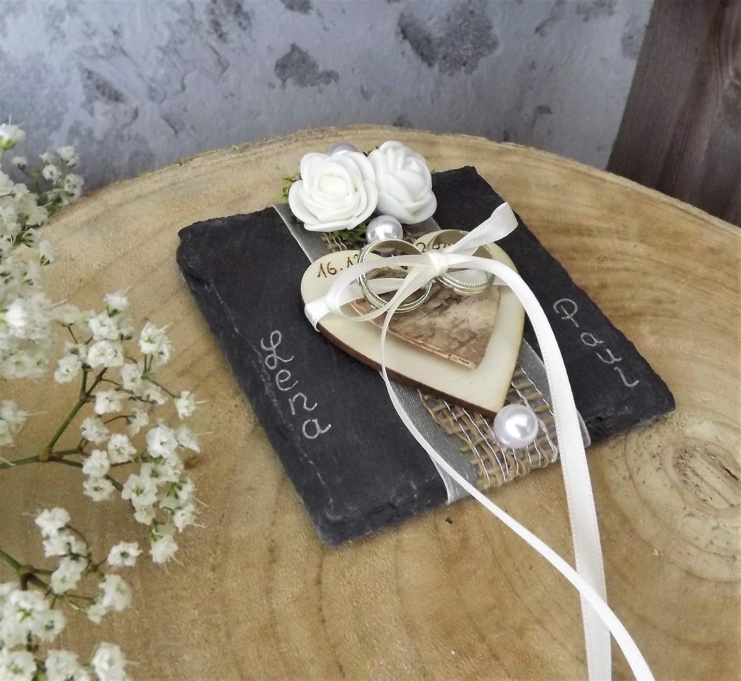 Ringkissen aus Schiefer eckig Holzherz mit Namen : Amazon.de: Handmade