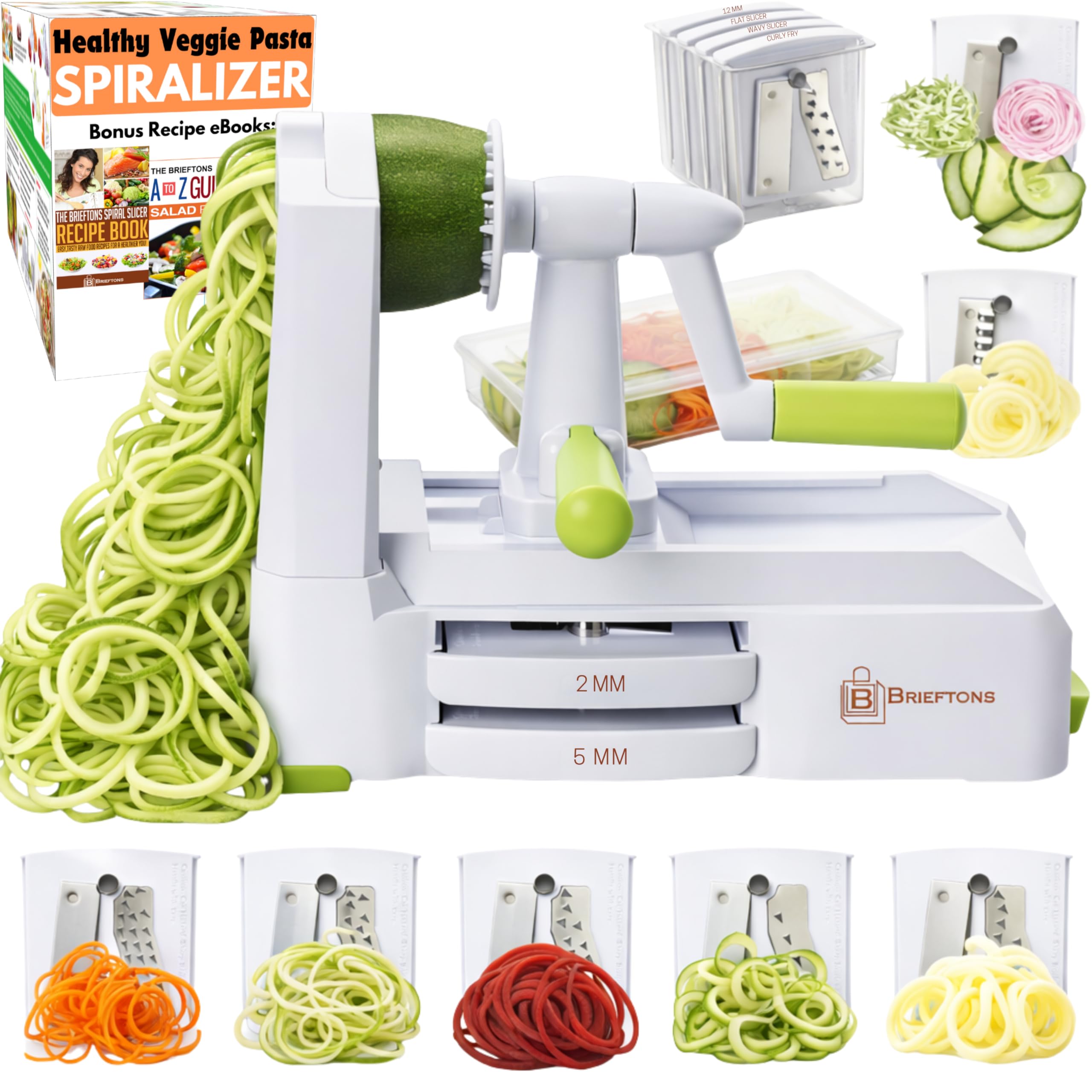 Brieftons 7-Blade Vegetable Spiralizer: Zucchini Spiral Slicer & Veggie Noodle Maker, Japanese Steel Blades, Catch Container, Strong Suction Cup, Blade Caddy, 4 eBooks | Low Carb, Vegan, Gluten-Free
