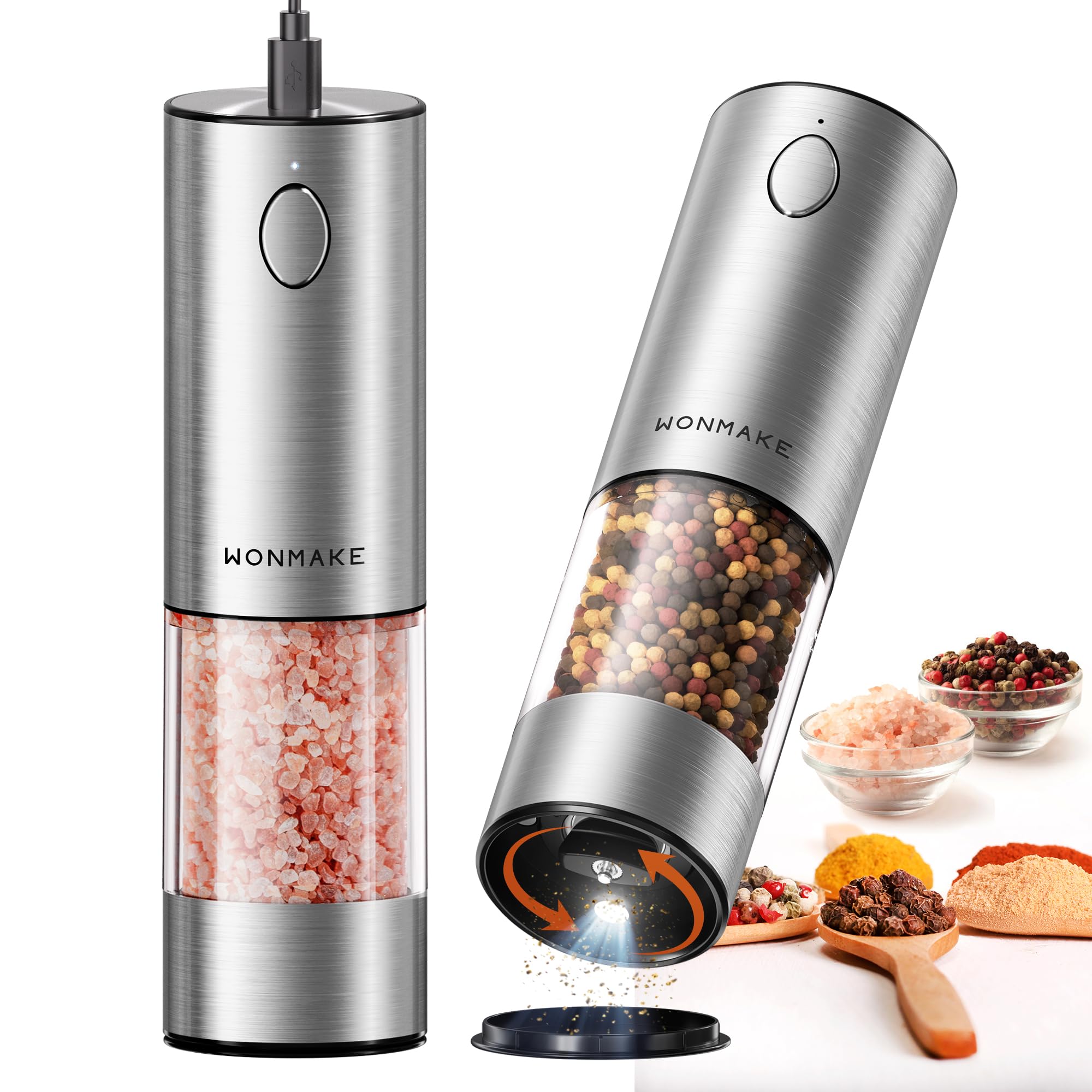 WONMAKE Electric Salt and Pepper Grinder Set, USB Rechargeable Salt and Pepper Grinder Set, Ceramic Grind and Adjustable Coarseness, with LED Light, Stainless Steel