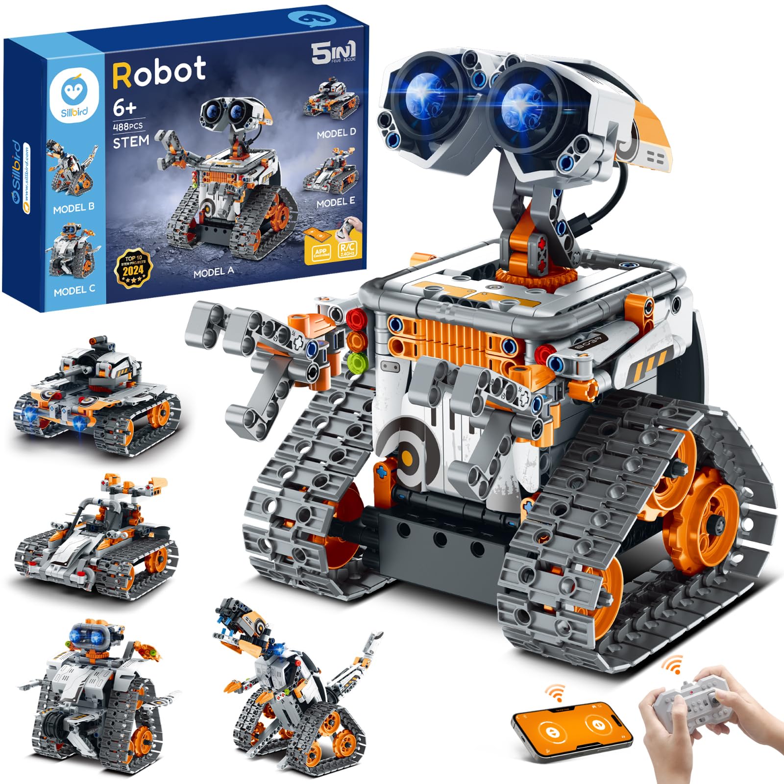 Sillbird STEM Robot Building Toys for Ages 8-13, 5in1 Remote & App Controlled Robot Educational Coding Technic Set for Kids, Creative for Boys Girls Aged 8 9 10 11 12+ （488 Pcs）