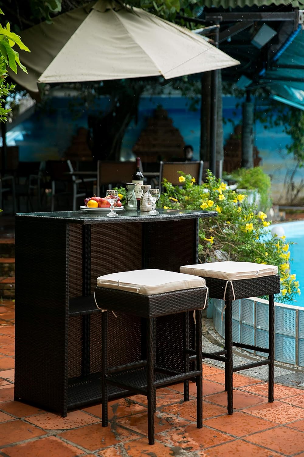 Patio Furniture Accessories Leisure Zone 3 Piece Outdoor Patio Rattan Bar Set With Cushion Garden Barstool Furniture Set Patio Lawn Garden