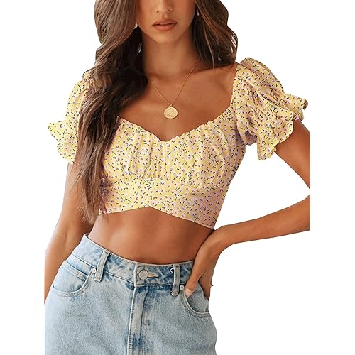 LYANER Women's Ruffle Short Sleeve Tie Up Back Crop Top Off Shoulder Bardot Blouse
