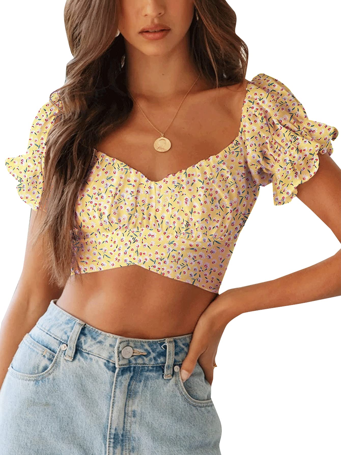LYANER Women's Ruffle Short Sleeve Tie Up Back Crop Top Off Shoulder Bardot Blouse