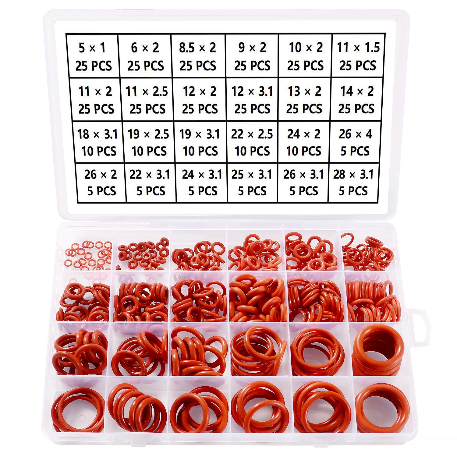 YIXISI 385 PCS 24 Sizes Red O-Rings Assortment Kit, Silicone Metric O-Rings, for Tap Plumbing Washer Seal & Auto Quick Repair