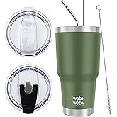 WETOWETO 30oz Stainless Steel Tumbler, Insulated Coffee Tumbler Cup with 2 Lids and 2 Straws, Double Walled Travel Coffee Mug for Hot & Cold Drinks (Army Green, 1 Pack)