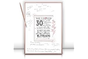 DOUBLESHOOT Framed Rose Gold 30th Birthday Decorations Sign Poster for Women - 30 Birthday Gift 12"x16" Guest Party Favors Book Alternative – With Pen & Wall Hanger – Great 30 Years Old Gifts for Her