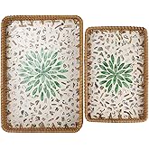 Rectangle Rattan Serving Tray with Mother of Pearl Inlay, Handmade Wicker Coffee Table Basket for Fruit Bread Food Tea Party Picnic Table Kitchen Home Boho Decor 2 Sizes (Green Flower)