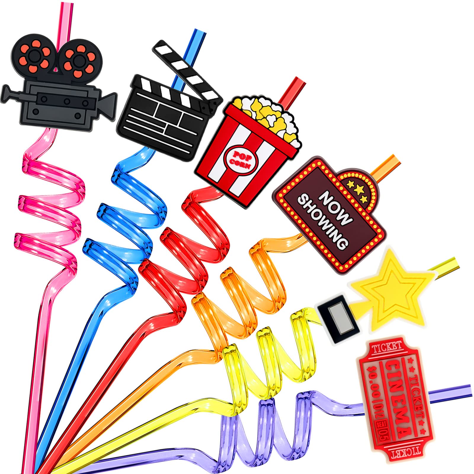 Photo 1 of 24 Pack Movie Night Party Supplies Movie Night Drinking Straws PET Projector Popcorn Trophy Drinking Straws Plastic Straws Red Carpet Party Decorations for Movie Night Party Favors