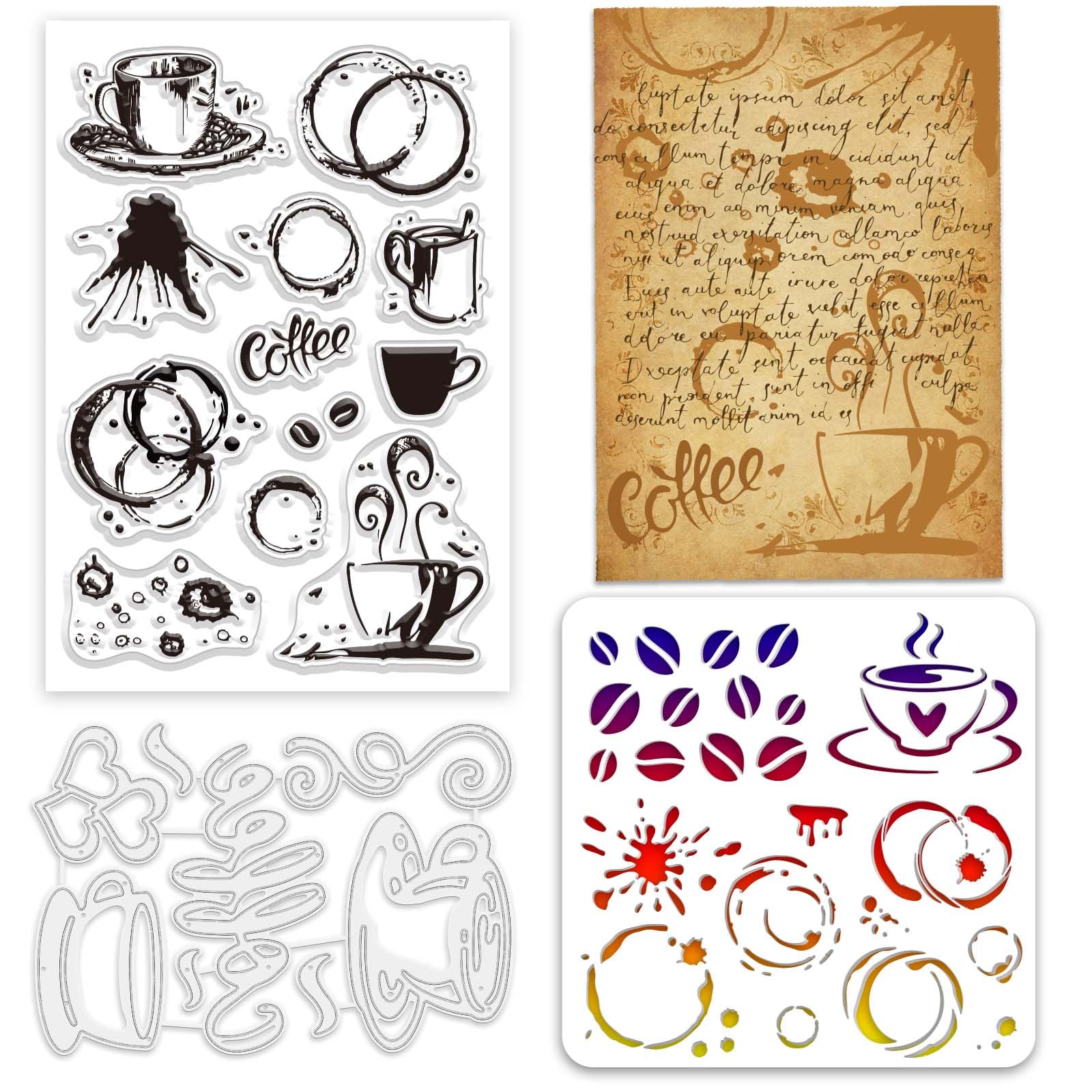 GLOBLELAND Coffee Splash Clear Stamps and Die Sets Coffee Splash Stamps and Embossing Dies Set for Card Making Coffee Splash PET Stencil for DIY Scrapbook Decoration Handmade Crafts Notebook