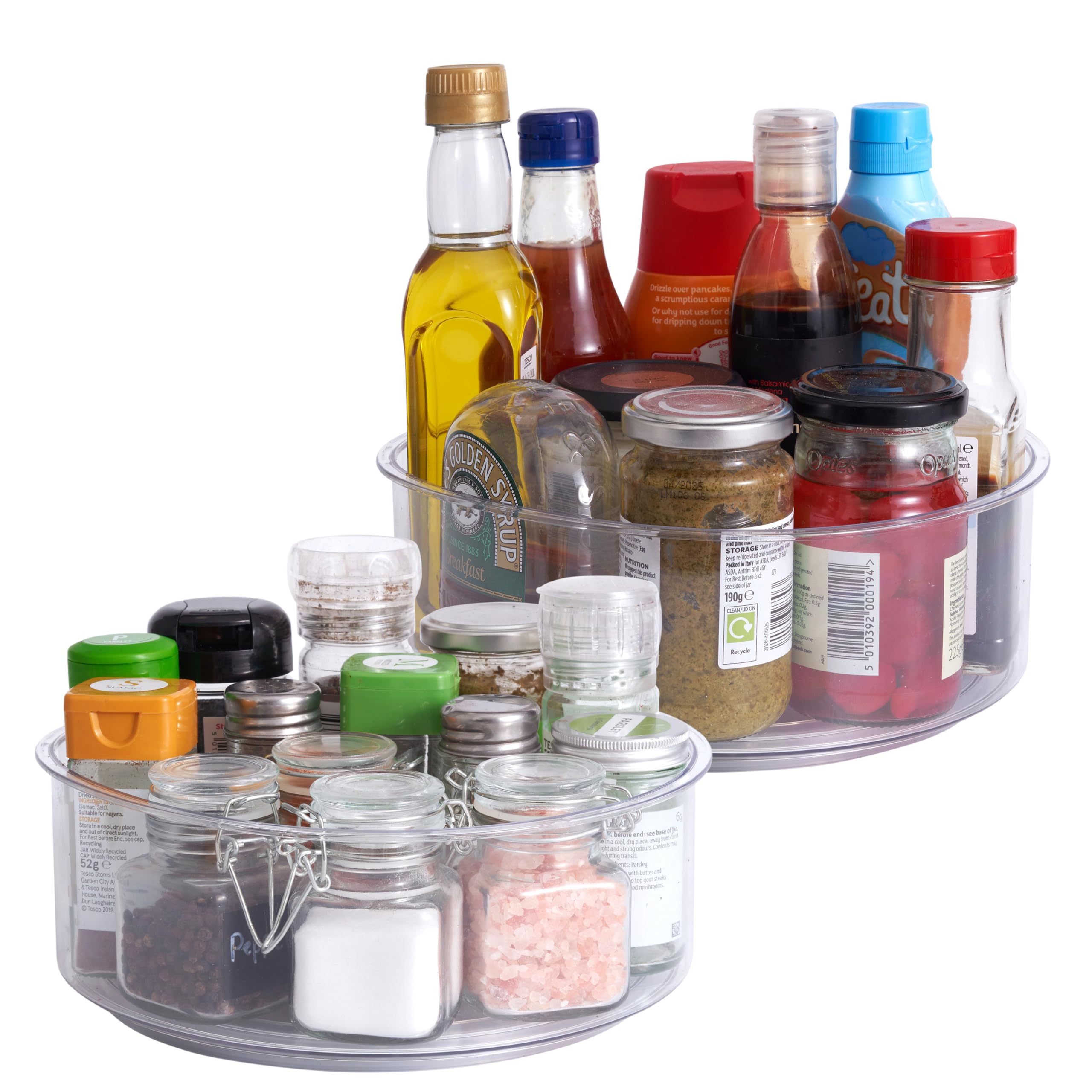 MATANA 2 Pack Clear Lazy Susan Turntable Shelf Organiser (360°, 23cm) - High Rim - Rotating Spice Jars Storage Holder, Condiments, Cosmetics - Kitchen, Fridge, Pantry, Cupboard
