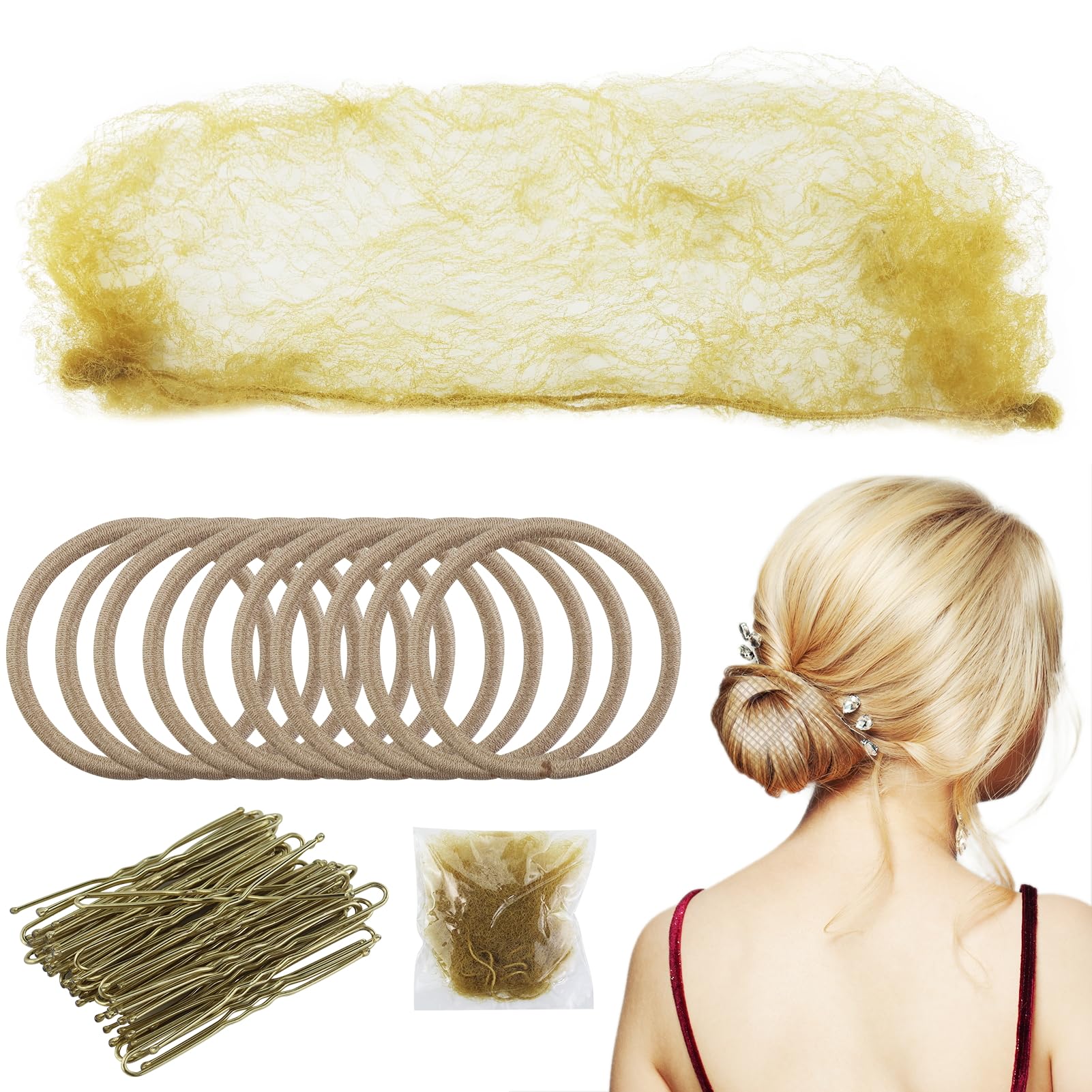 Blonde Hair Net Set with 40 Bobby Pins & 12 Bands - Elastic Edge Mesh for Buns, Gold U-Shape Pins for Ballet Dancers, Nurses & Women