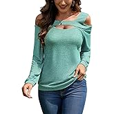 NILOINE Womens Cold Shoulder Tops V Neck Long Sleeve T-Shirts Off Shoulder Tunic Top Basic Tees Casual Blouse