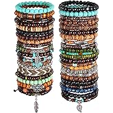Mikovivi 43pcs Bohemian Wooden Beaded Bracelet Set, Adjustable Vintage Punk Wooden Bead Bracelet Jewelry for Men Women Commemorative Gift(Mixed Colored)
