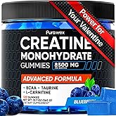 PURA WEX NUTRITION Creatine Monohydrate Gummies 8500mg Complex for Men & Women - Pre Workout Creatine Chews for Muscle Growth, Strength & Energy, Sugar Free, Vegan, Blueberry Flavor - 120 Count
