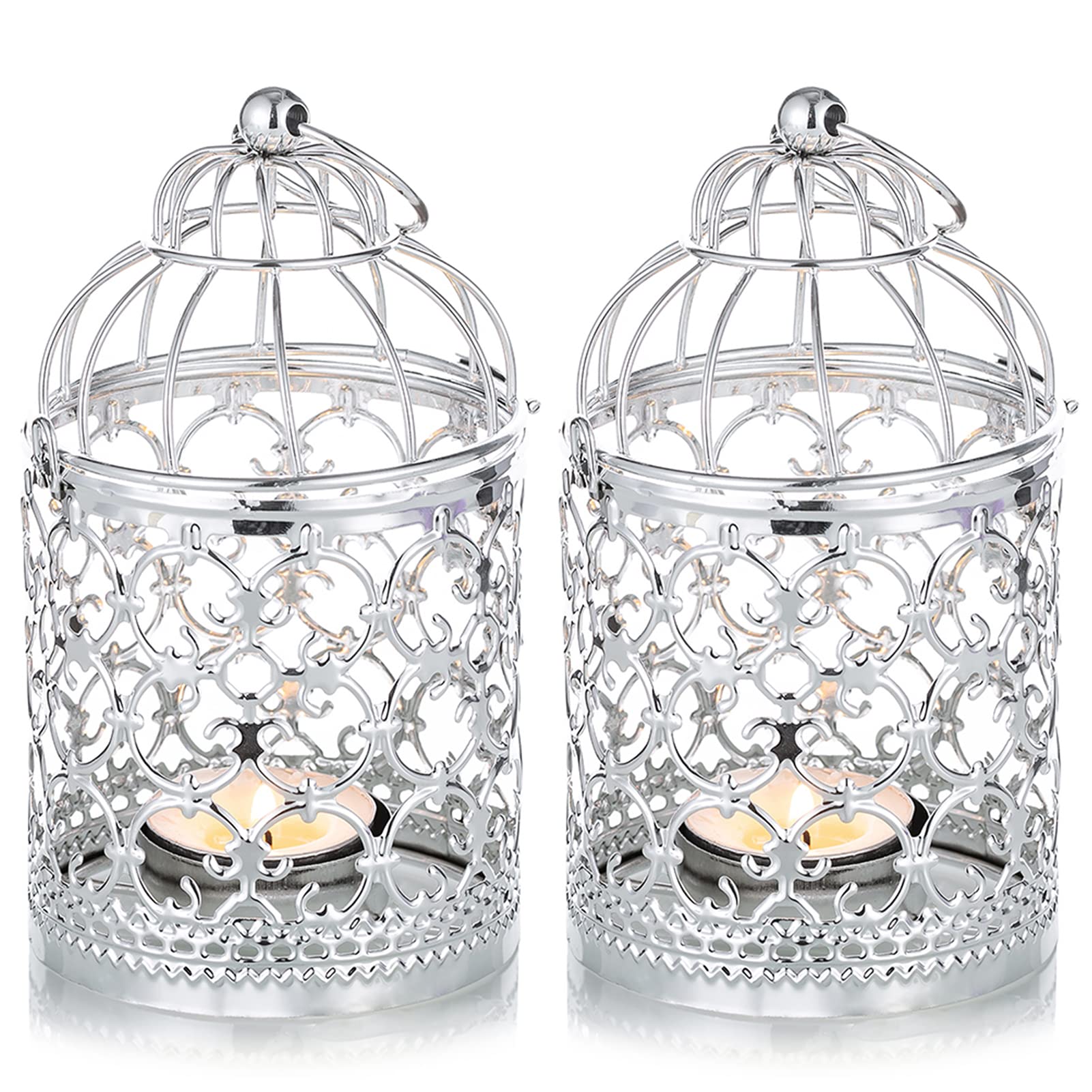 Nuptio 2 Pcs Decorative Candle Lanterns Bird Cage Metal Hollow Out Decorative Birdcage Iron Christmas Candle Holder Hanging Lantern, Silver Tea Light Lantern Holders for Wedding Party Halloween