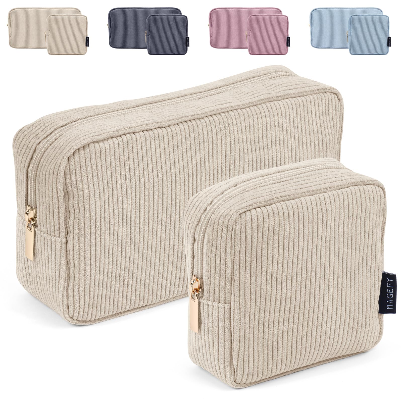 Makeup Bag, MAGEFY 2 Pcs Small Makeup Bag for Handbag Corduroy Pouch with Compartments Travel Makeup Cosmetic Bag for Women (Beige) — image 1