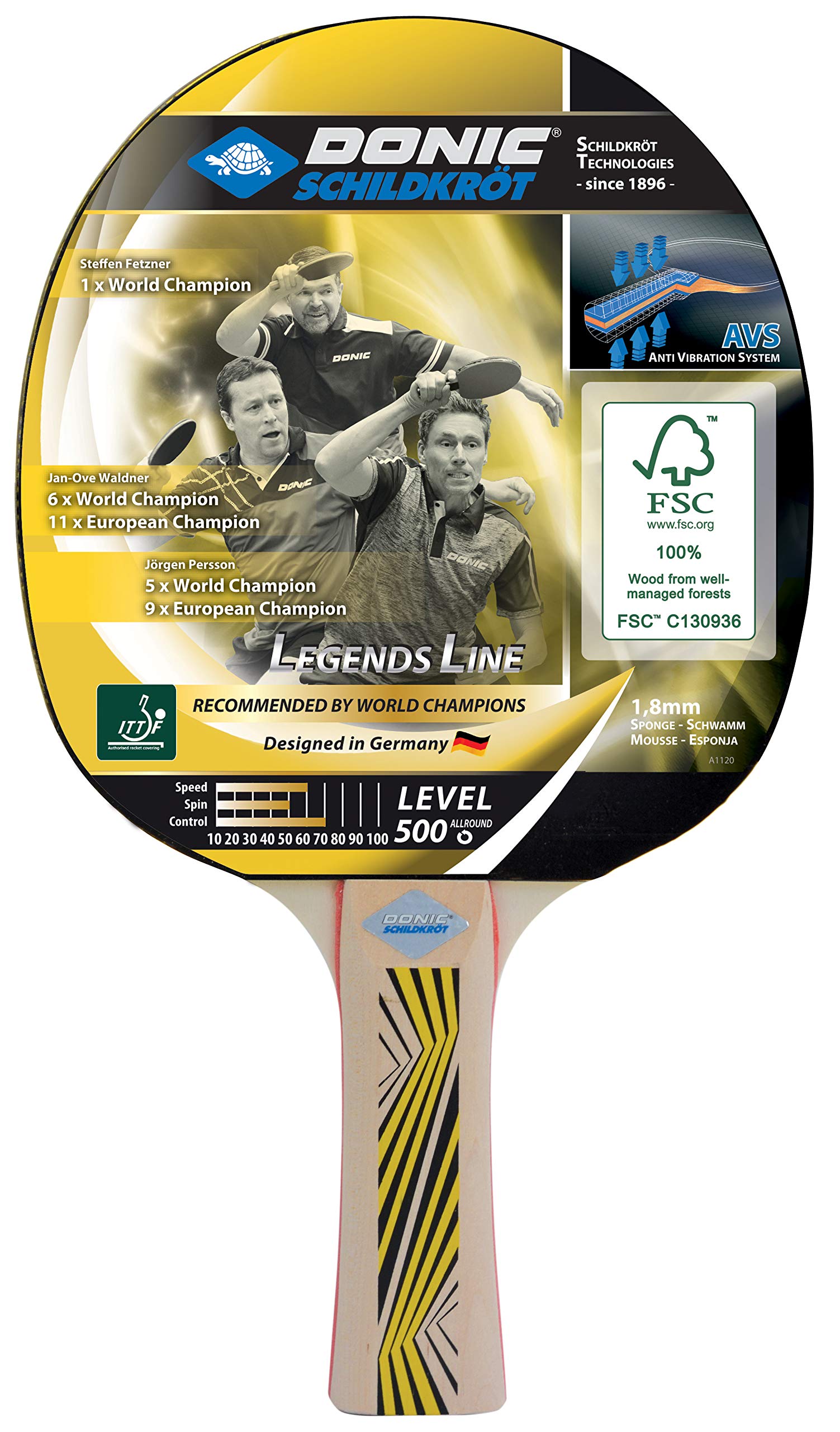 Donic-Schildkröt Legends 500 FSC Table Tennis Bat, AVS Handle Damping, 1.8 mm Sponge, FSC Wood, Elite - ITTF Rubber, 714407