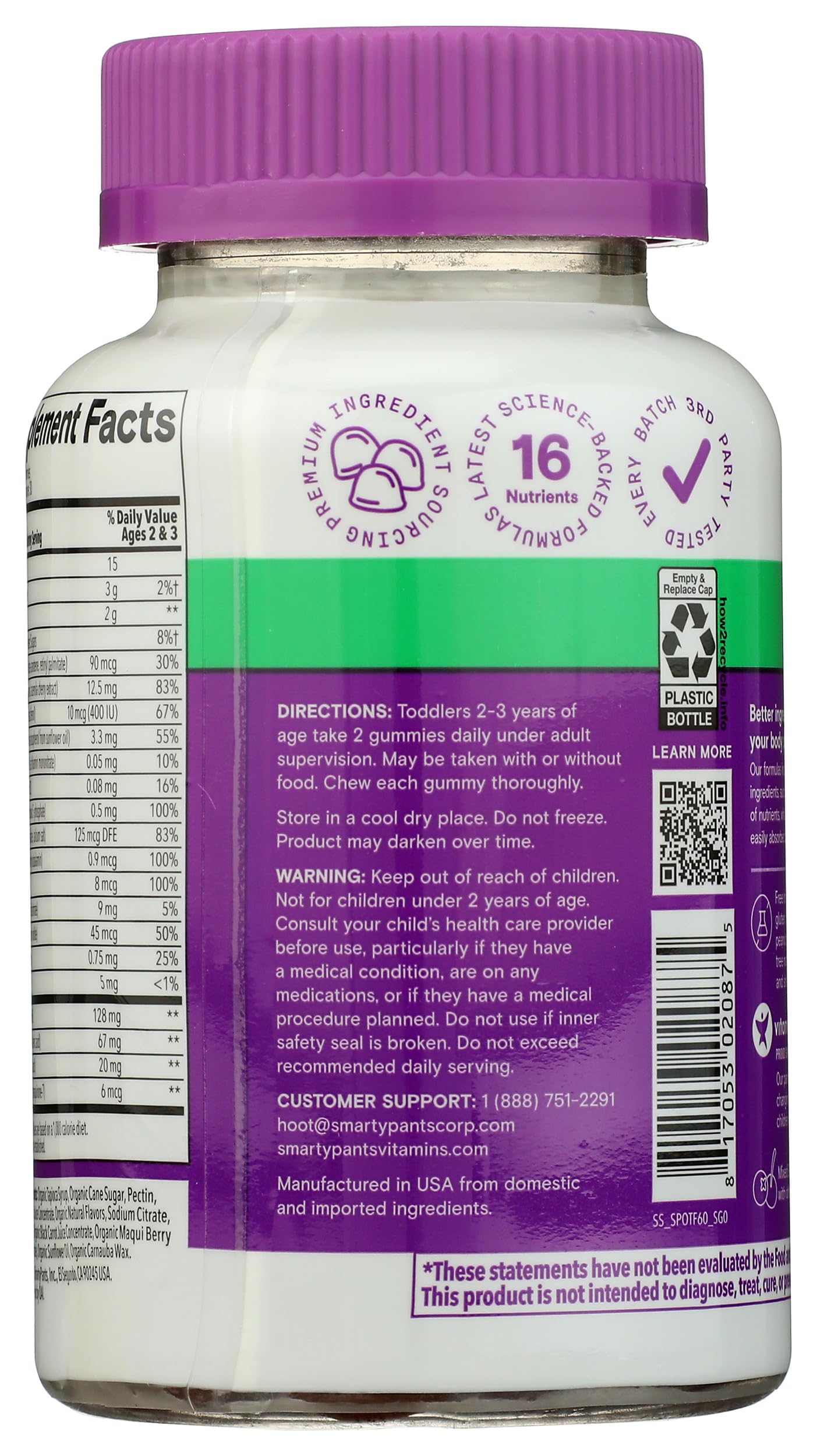 SmartyPants Organic Toddler Multivitamin Gummies: Probiotics, Omega 3 (ALA), Vitamin D3, C, Vitamin B12, B6, A, K & Zinc, Beta Carotene, Gluten Free, Three Fruit Flavors, 60 Count (30 Day Supply)