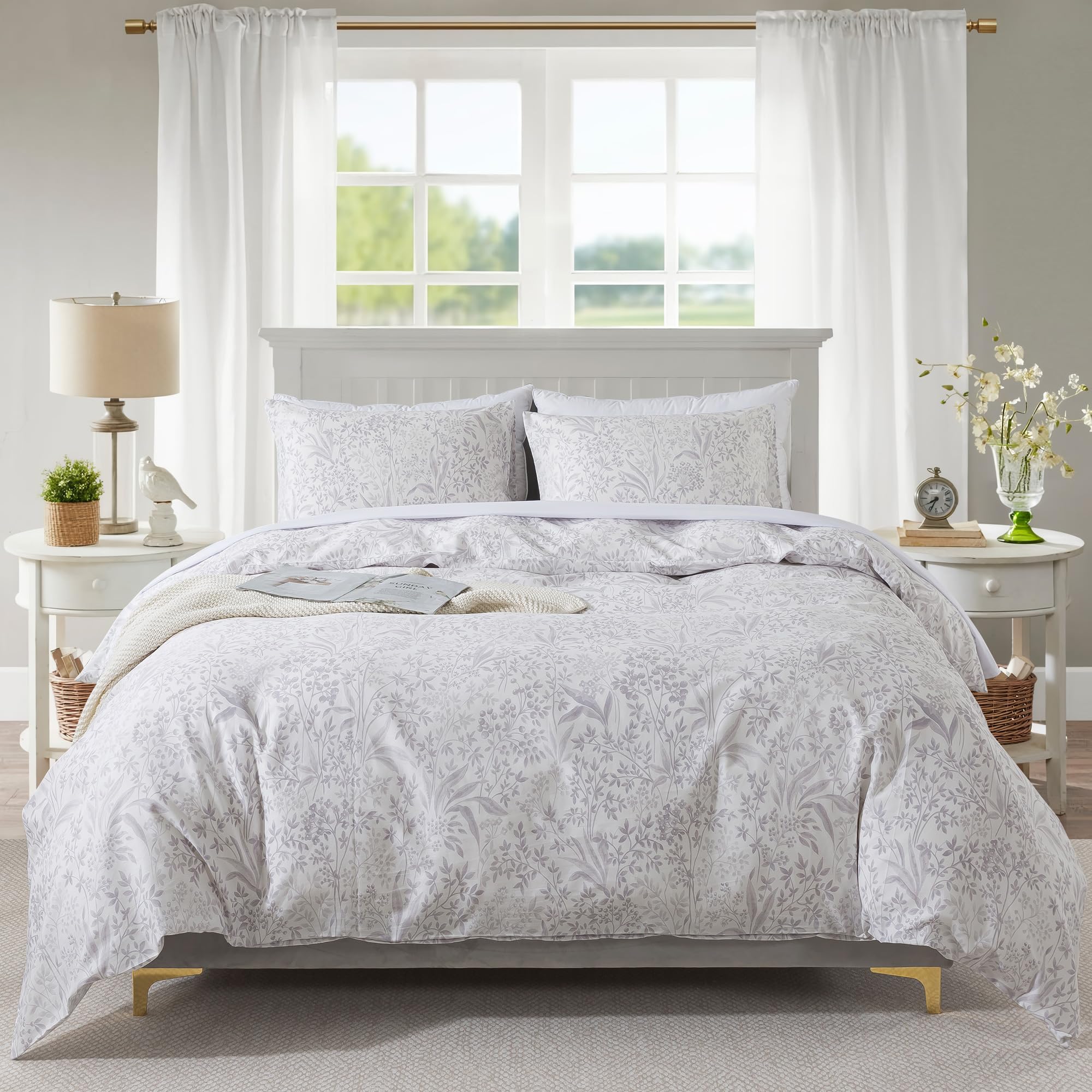 HoneiLife Cotton Duvet Cover Queen Floral Comforter Cover 3PC, Soft