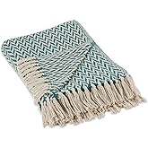 DII Modern Zig Zag Throw Blanket Woven Cotton, Hand-Knotted 2.5" Fringe, 50x60, Teal